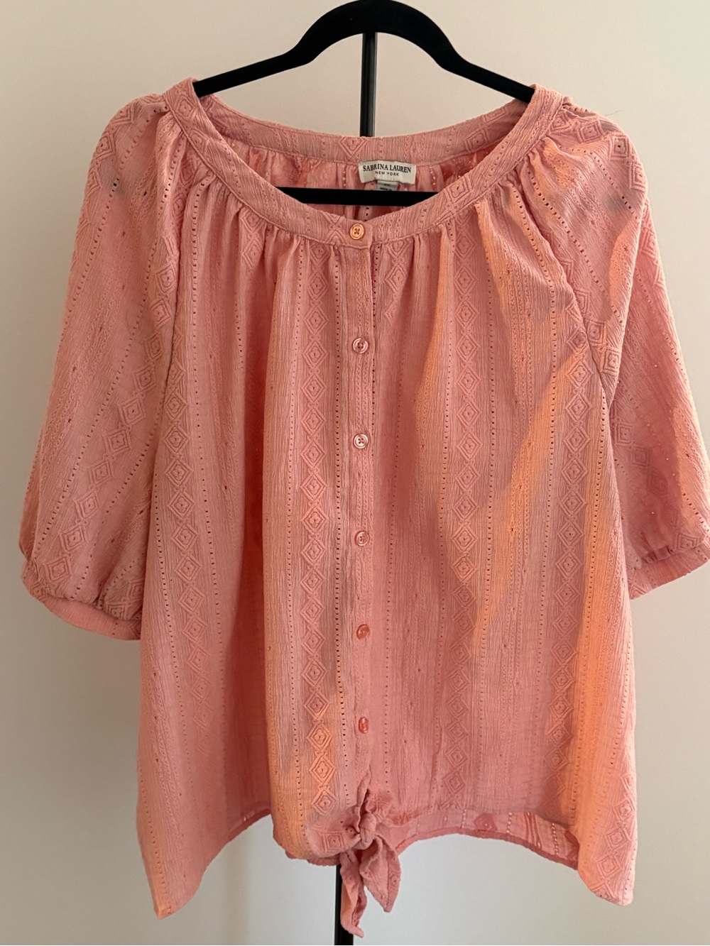 Sabrina Lauren Peach Eyelet Button-Front Tie-Hem Blouse